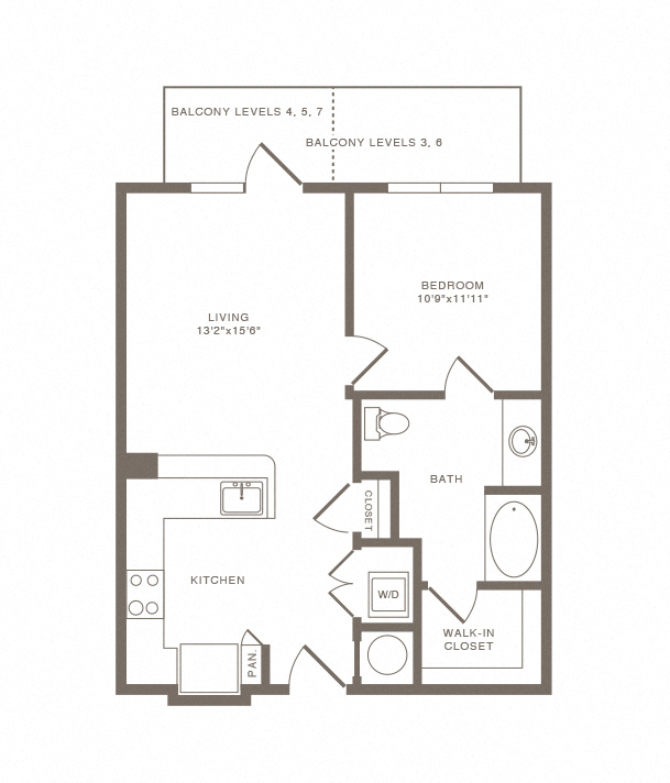 Floor plan for 1 bed, 1 bath, 738 sqft